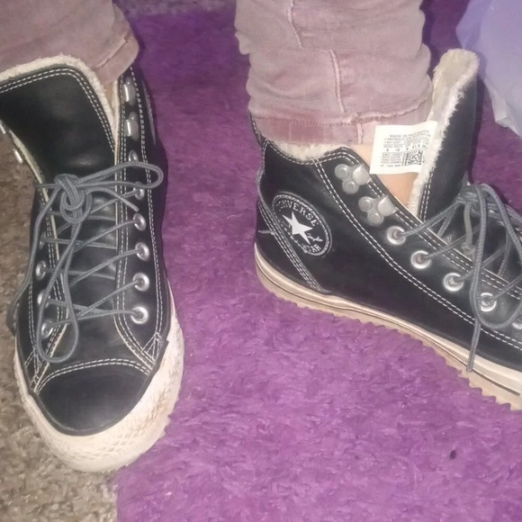 Converse All Star Black Leather High Top, Fuzzy Sherpa Liner  8 men/10 women - Picture 10 of 11